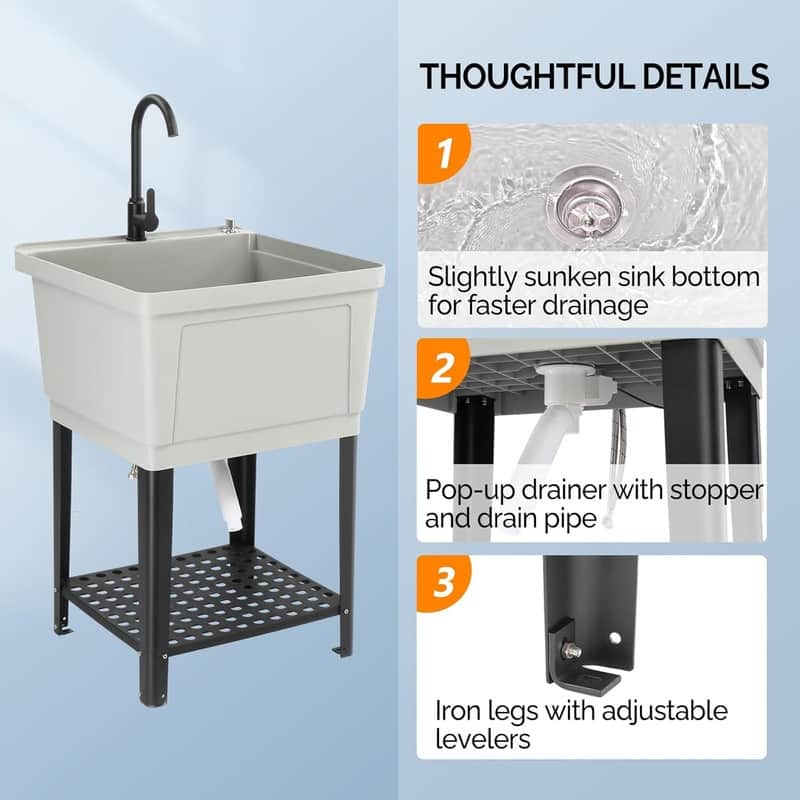 Plastic Utility Sink Freestanding with Storage Shelf