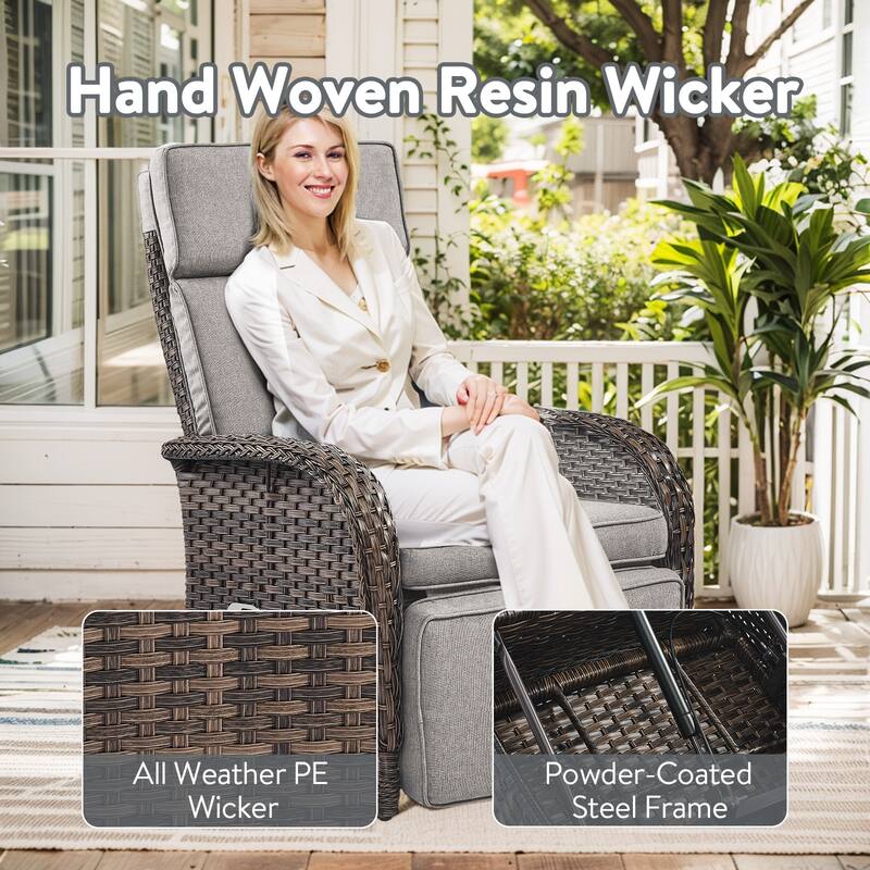 Outdoor Wicker Reclining Lounge Chair Patio Rattan - Brown
