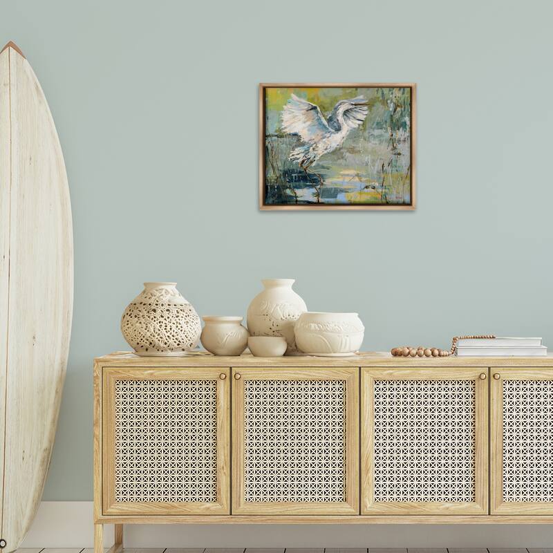 Stupell Radiant Crane at Pond Framed Floater Canvas Wall Art Design By Dusza