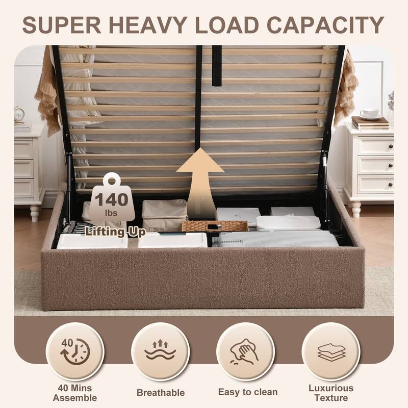 Modern Upholstered Lift-Up Storage Platform Bed with Headboard