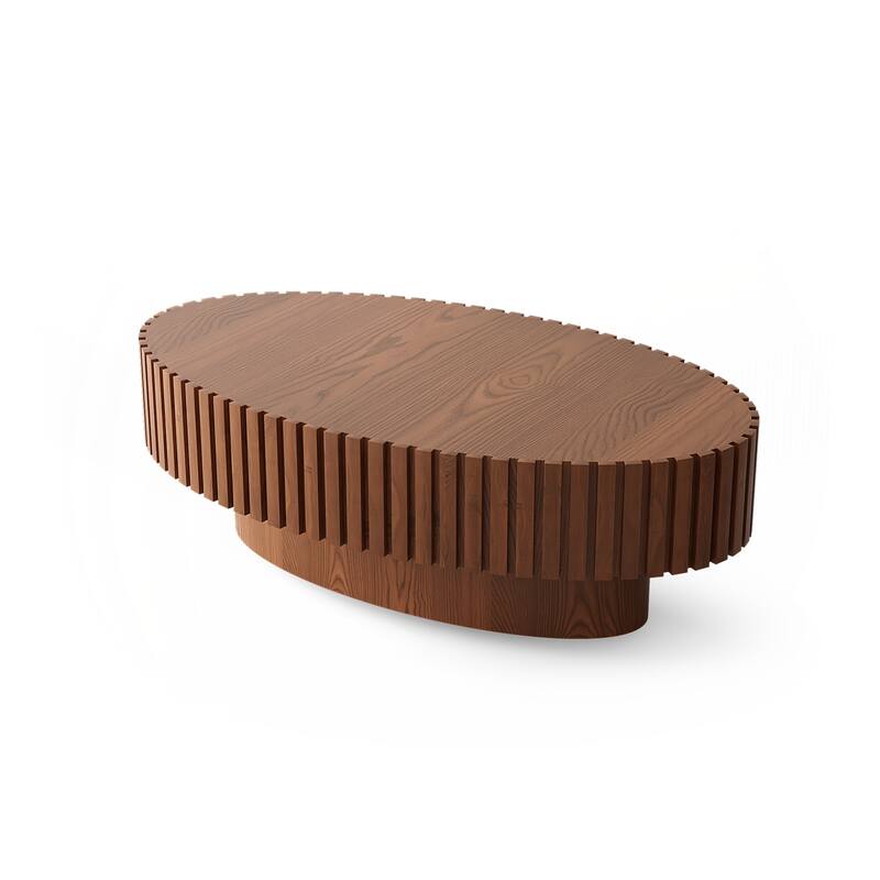 Oval Coffee Table Handcrafted Relief Sturdy Pedestal Wooden Olive-Shaped Tea Table for Living Room