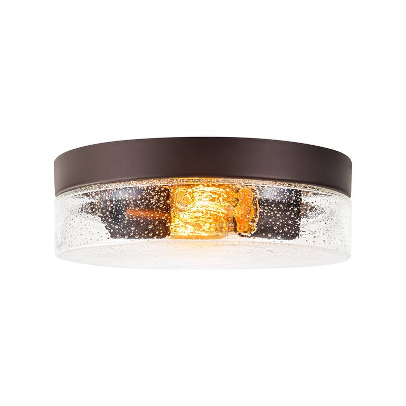 2-Light Gold/Bronze Modern Farmhouse Industrial Dimmable Dome Round Flush Mount Light with Seeded Glass Shade