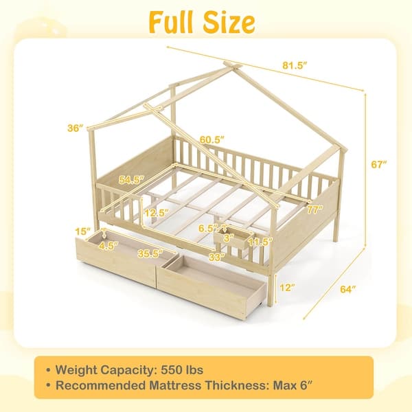 dimension image slide 1 of 2, Costway Full Size Bed with 2 Storage Drawers, House-shaped Bed Frame