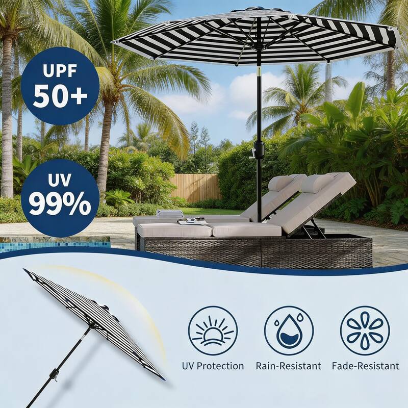 9 ft Patio Umbrella, with Crank Lift & Push Button Tilt, 8 Sturdy Ribs