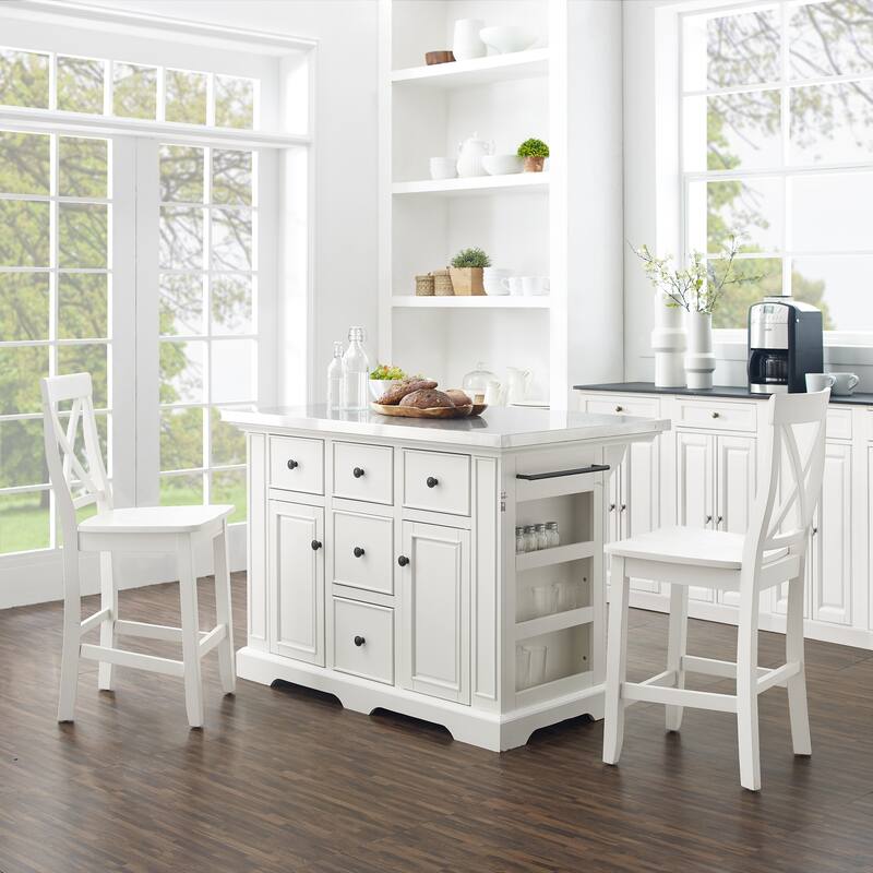 Crosley Julia Stainless Steel Top Island W/X-Back Stools - 50 "W x	60 "D x	41 "H