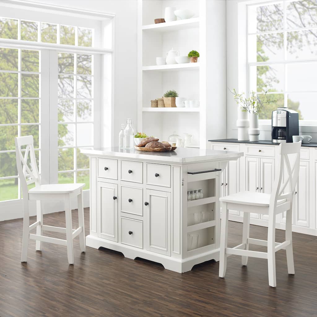 Crosley Julia Stainless Steel Top Island W/X-Back Stools - 50 "W x	60 "D x	41 "H