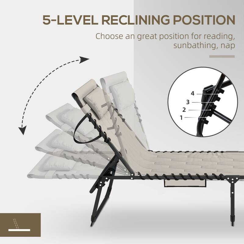 Folding Tanning Chair Set of 2, Outdoor Recliner Lounge Chairs with Pillow, Storage Pocket & Adjustable Backrest