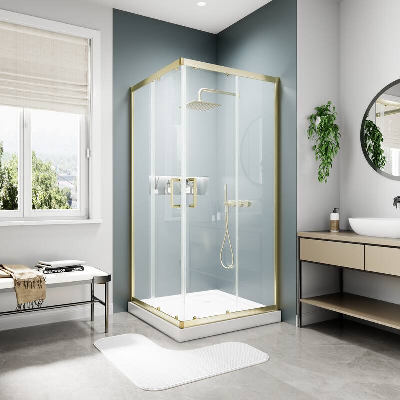 Modland 36x71''H Corner Double Sliding Shower Door with 6mm Tempered Glass for Space-Saving Sliding Design, Black/Gold - Brushed Gold