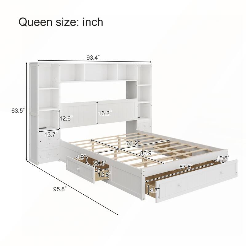 Pine Wood Platform Bed with All-In-One 2 Nightstand and 2 Charging Stations