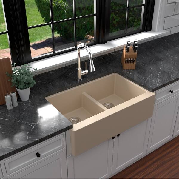 Karran Farmhouse Apron Front Quartz Double Bowl Kitchen Sink ...