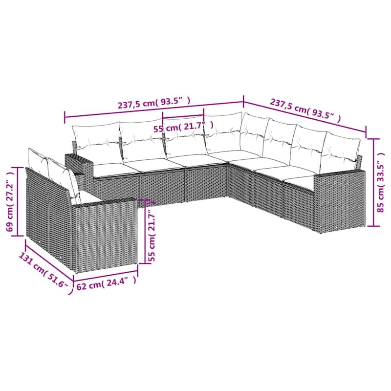 vidaXL Patio Sofa Set with Cushions Outdoor Conversation Furniture Poly Rattan - 25.8" x 24.4" x 27.2"