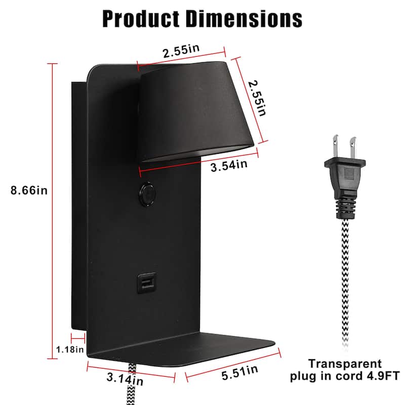 Modern Reading LED Wall Lamp with USB Charging Port Case - Indoor Wall Sconces Adjustable with Shelves for Living Room