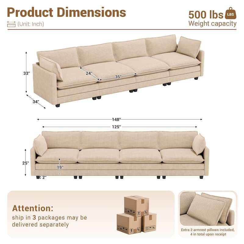148" Overised 4 Seater Corduroy Clud Couch Modular Sectional Sofa for Living Room