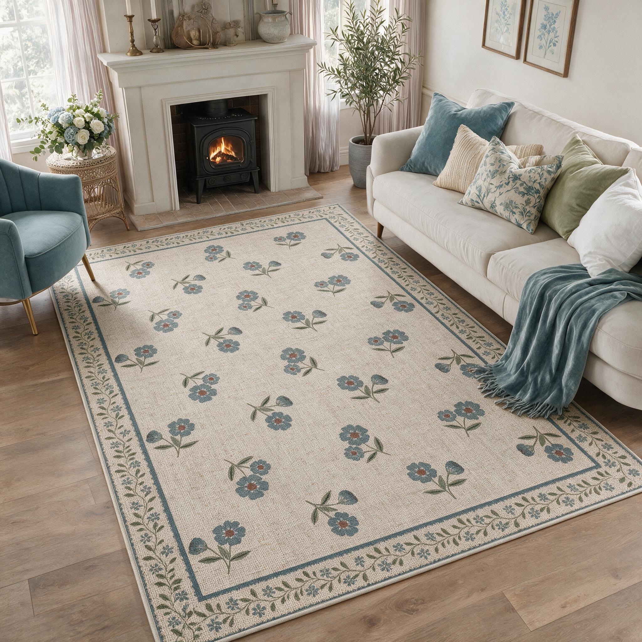 Farmhouse Floral Easy Jute Rug Washable Indoor Outdoor Low-Pile Area Rug