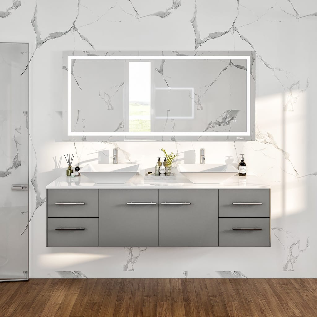Eviva Wave 60" Gray DS Bath Vanity with Quartz Top & Vessel Sinks