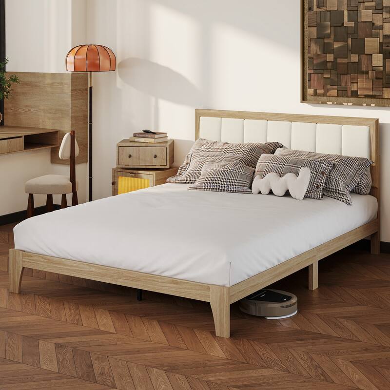 HOMCOM Queen Size Bed Frame with Upholstered Headboard, Platform Bed Frame with Wooden Slats, No Box Spring Needed
