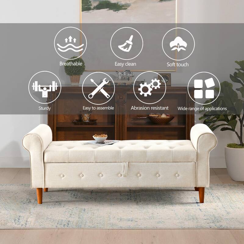 62" Bedroom Tufted Button Storage Bench Linen Upholstered Ottoman