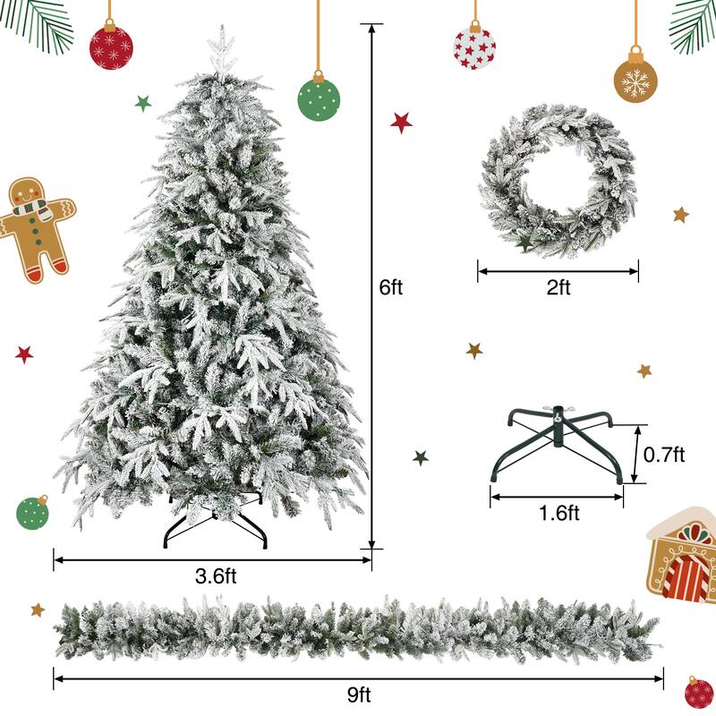 Roomfitters 3 Piece Snow Flocked Christmas Set with Garland, Wreath and 6FT Tree, Holiday Decoration, Green+White