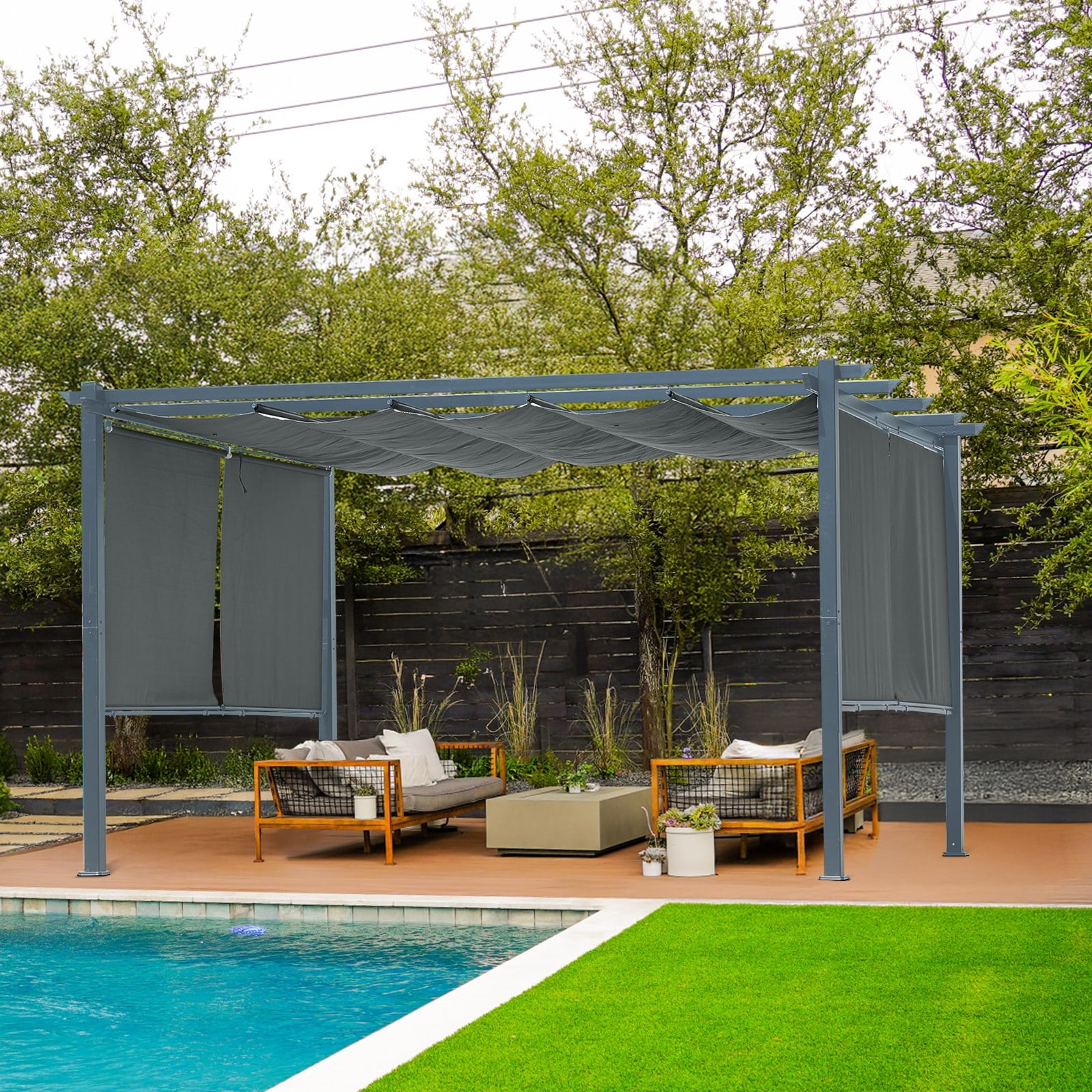 Aoodor 10 x 13 FT Outdoor Pergola with Retractable Shade Canopy, 4 Pieces Roller Shade Curtain