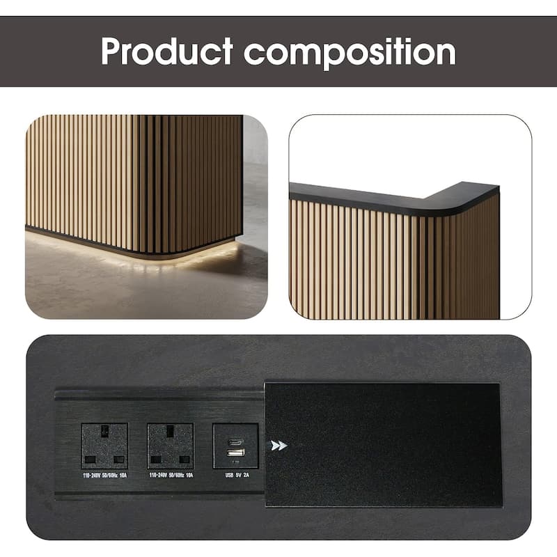 WESOME 70.87in Mid Century Curved Reception Desk with Cable Box LED Light