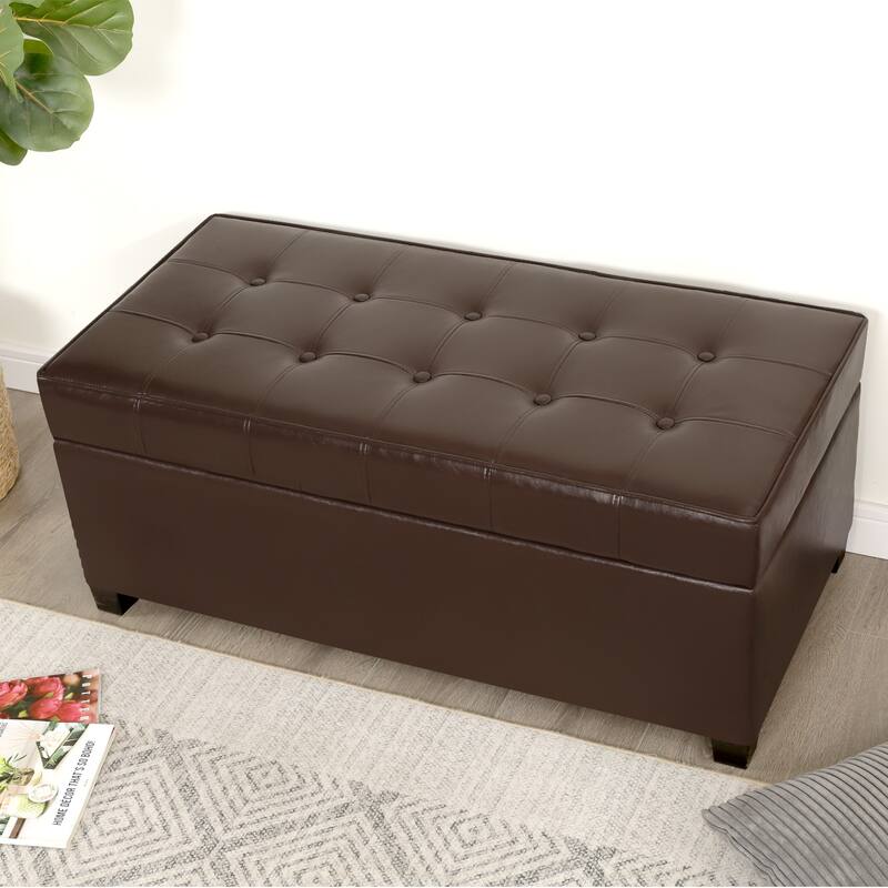 Adeco 40" Faux Leather Storage Ottoman Bench with Tufted Button - 40"X18.8"X16.5" - Coffee-Brown