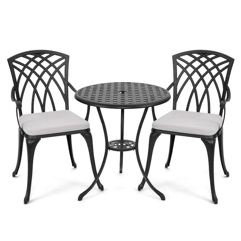 24 Inch Cast Aluminum Bistro Table and 2 Bistro Chairs with Grey Cushions - 24 inches round table