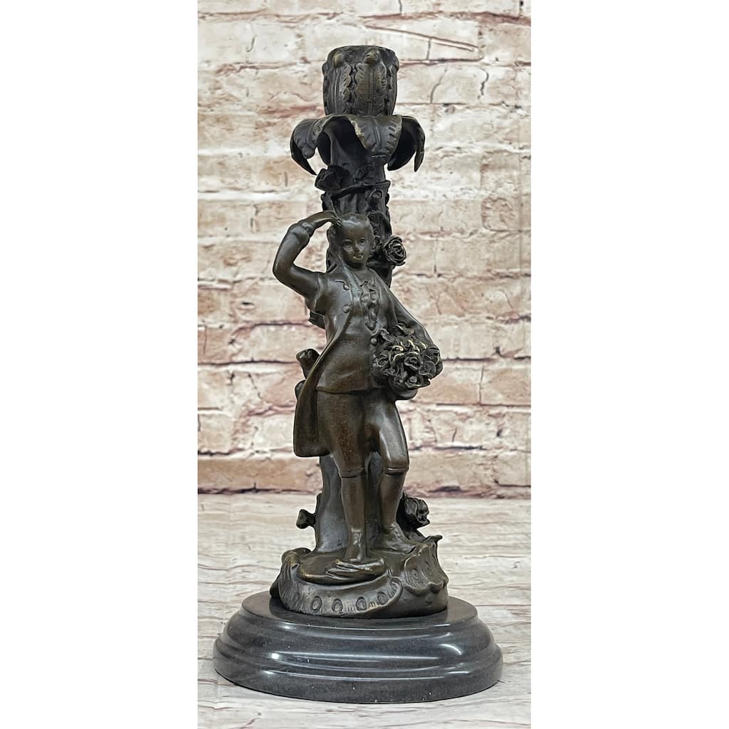 Signed Original Evan Stone Colonial Man Holding Flower Bronze Candle Holder Statue