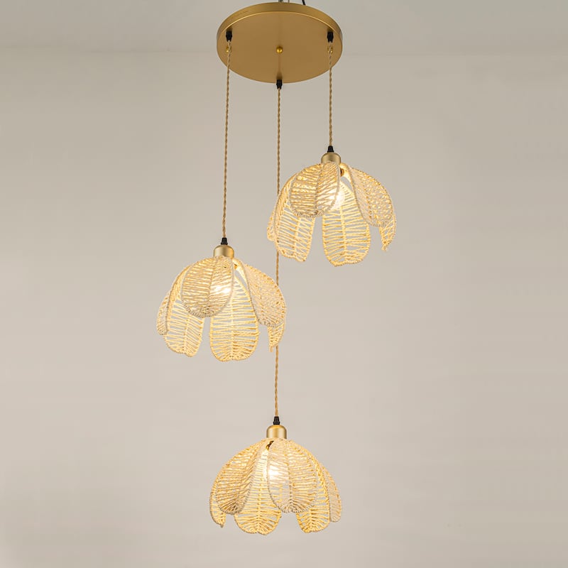 Cali 3-Light Rattan Hemp Cluster Pendant, Coastal Boho - Handwoven - 21" Wide