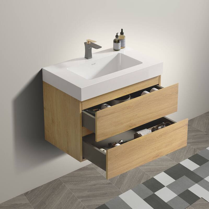 Wall-Mounted Bathroom Vanity with Glossy White Solid Surface Basin, Natural Oak Finish, and Double Drawers - 29.9in L Melamine