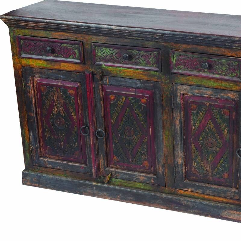 HomeRoots 72" Dark Brown and Green Solid Wood Four Drawer Sideboard with Four Doors - 72.00 in. x 39.00 in. x 16.00 in.