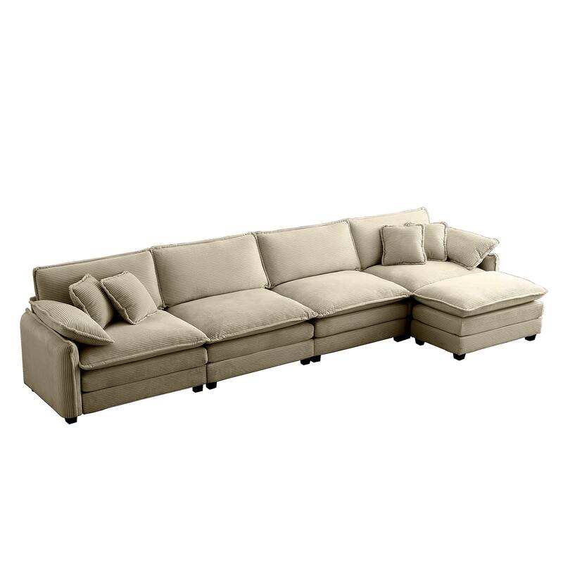 5-piece Oversized Corduroy Upholstered L-Shaped Modular Sectional Sofa with Removable Ottoman and Free Combination
