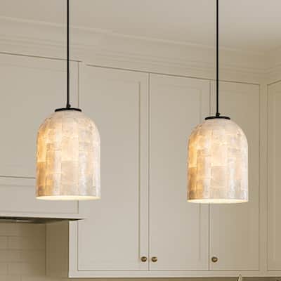 1-Light 7'' Modern Farmhouse Natural Capiz Seashell Single Pendant Light Coastal Cylinder Hanging Light For Kitchen - W7''