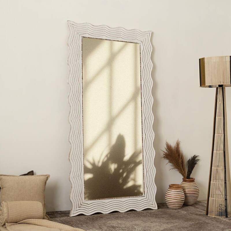 Rustic White Solid Wood Handcarved Wave Design Rectangle Mirror Accent-36" x 72" - Antique White