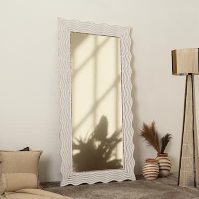 Rustic White Solid Wood Handcarved Wave Design Rectangle Mirror Accent-36" x 72"