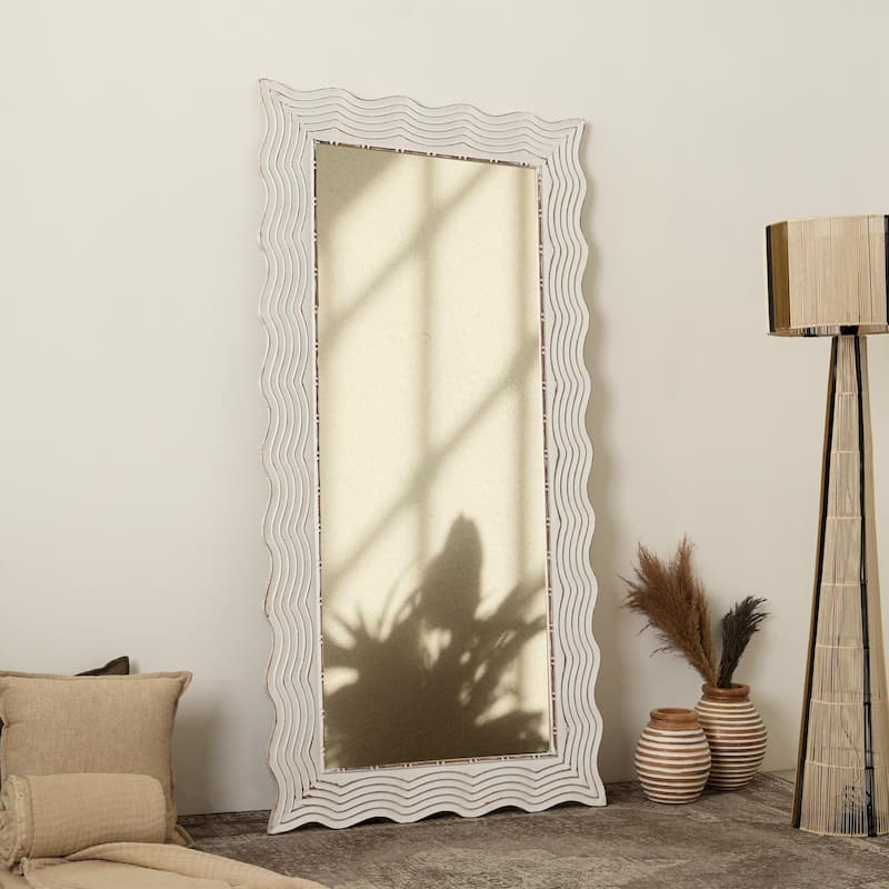 Rustic White Solid Wood Handcarved Wave Design Rectangle Mirror Accent-36"x72" - Antique White