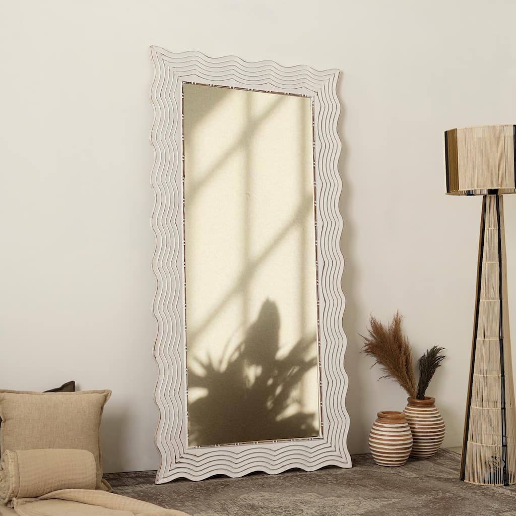 Rustic White Solid Wood Handcarved Wave Design Rectangle Mirror Accent-36"x72"