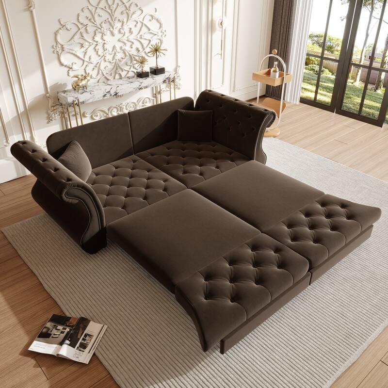 83.8" Chesterfield Velvet Pull-Out Sofa Bed, Classic Roll Arm Sleeper Couch with Elegant Flower Tufting