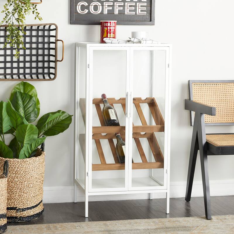 Metal 10-Bottle Wine Rack with Wine Glass Holders and Wood Accents - Black or White