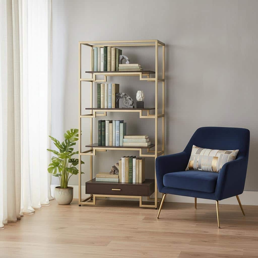 HomeRoots 78" Gold and Black Metal Four Tier Etagere Bookcase with a Drawer