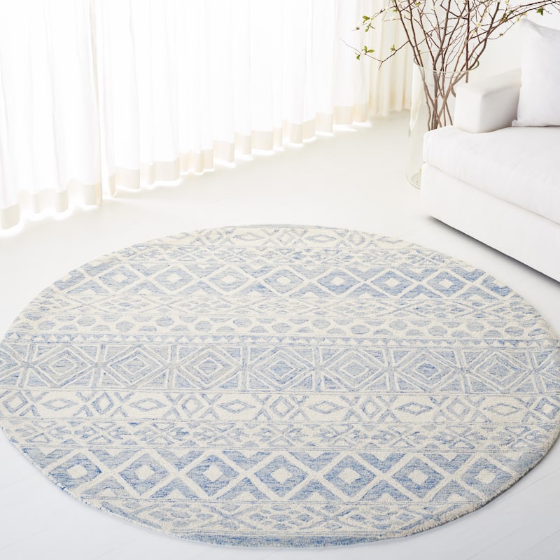 Lauren Ralph Lauren Handmade Theresa Blue Geometric Wool Area Rug - 7' Round - Ivory/Blue