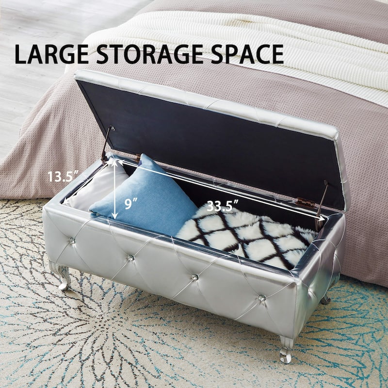 Silver Faux Leather Upholstered Storage Ottoman Bench with Crystal Buttons