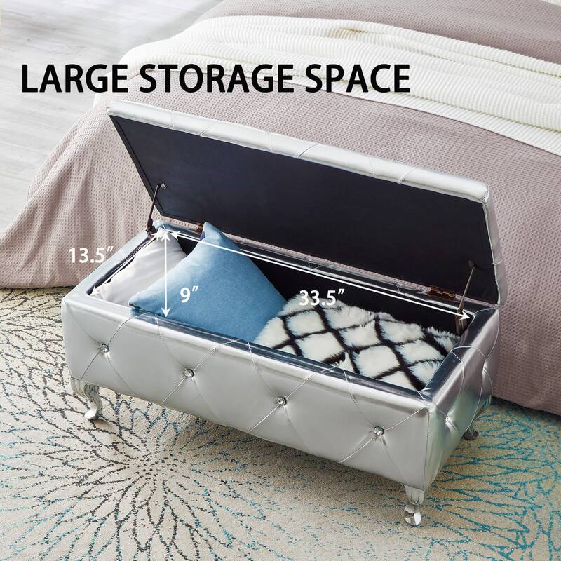 Upholstered Storage Ottoman Bench For Bedroom End Of Bed Faux Leather Rectangular Storage Benches Footrest - Silver