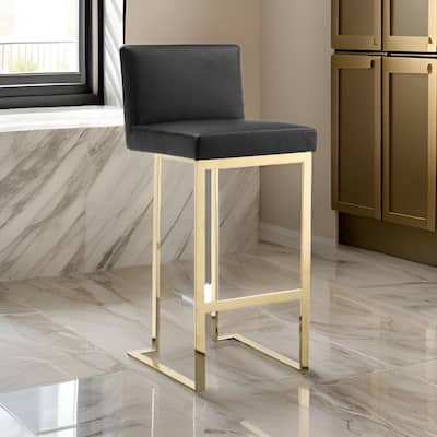 Boly 30 Inch Barstool Chair, Cushioned Black Faux Leather, Gold Cantilever