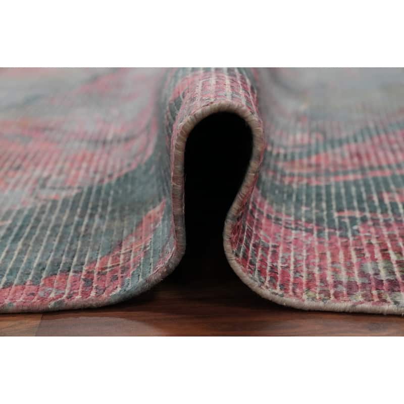 Hand Knotted Oriental Viscose Silk Carpet Modern Pictorial Pink Abstract Area Rug - 7' 7'' X 5' 6''