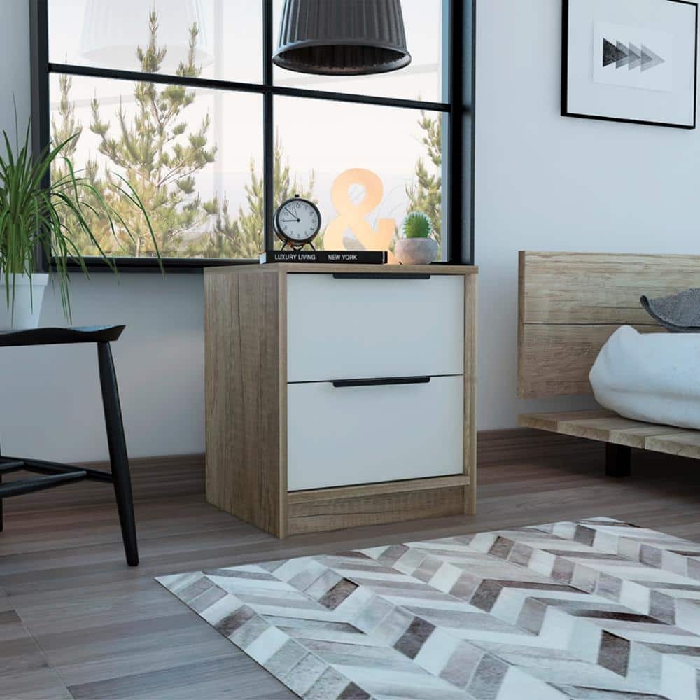 Modern Two-Drawer Nightstand, White & Light Oak, Metal Hardware