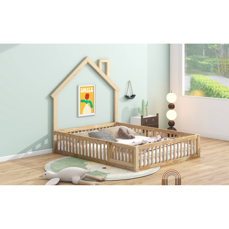 Natural Wood Full Size House Platform Bed with Safety Guardrail for Kids