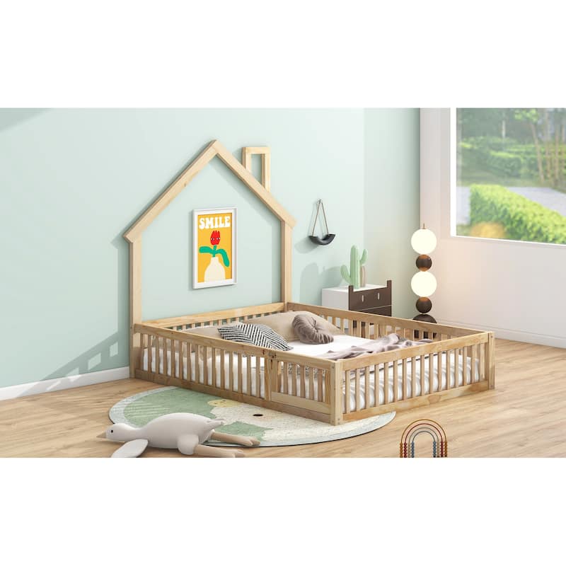 Wood Full Size House Platform Bed with Guardrail