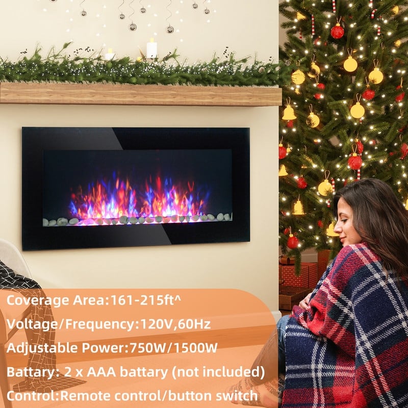 41.3/50/60 in. Wall Mount Recessed Electric Fireplaces in Black, Tempered Glass, Flame Effect, Multi-Color, Remote,1400-1500W