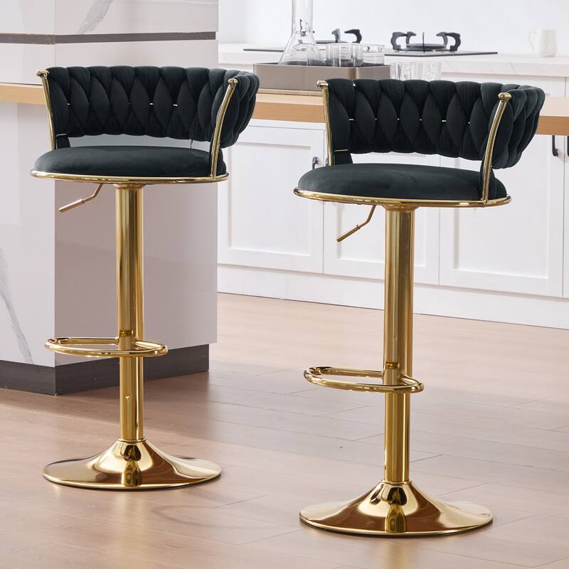 HOMEFUN Velvet Adjustable Height Swivel Armless Bar Stools With Golden Footrest(set of 2) - Black