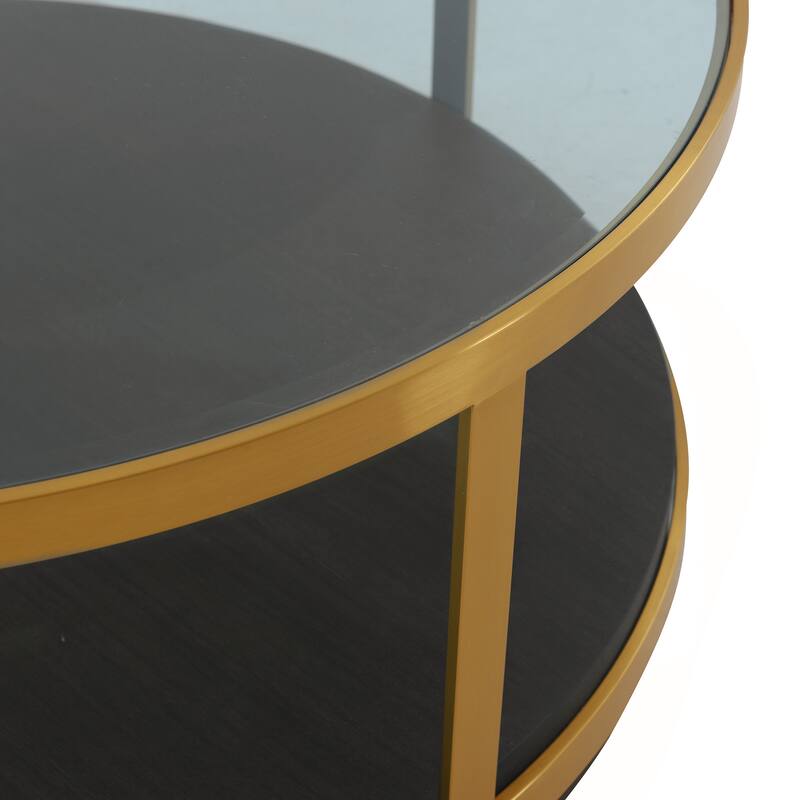 Hattie Gold Metal Glass Top 43" Round Coffee Table with Shelf